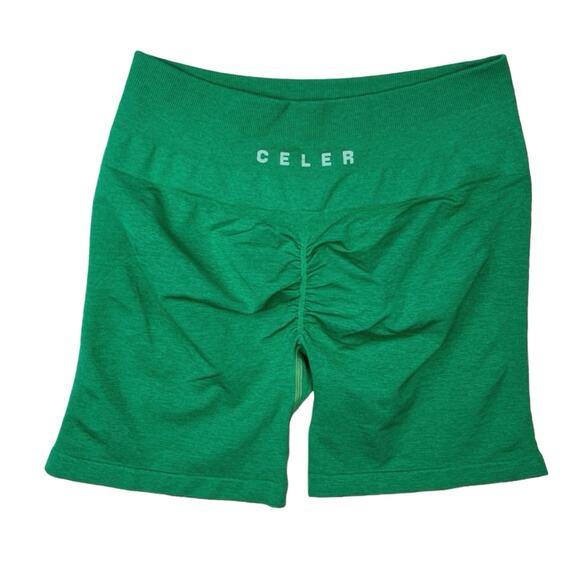 Celer Green High Rise Scrunch Back Pull On Workout Athletic Bike Short Size L - Picture 2 of 3